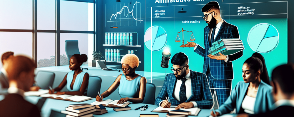 Grupo diverso de profissionais em escritório discutem sobre direito administrativo com lousa e laptops.