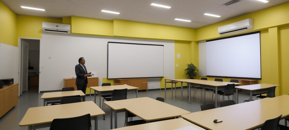 Grupo de estudantes discutindo conceitos de direito penal em uma sala de aula moderna e iluminada.