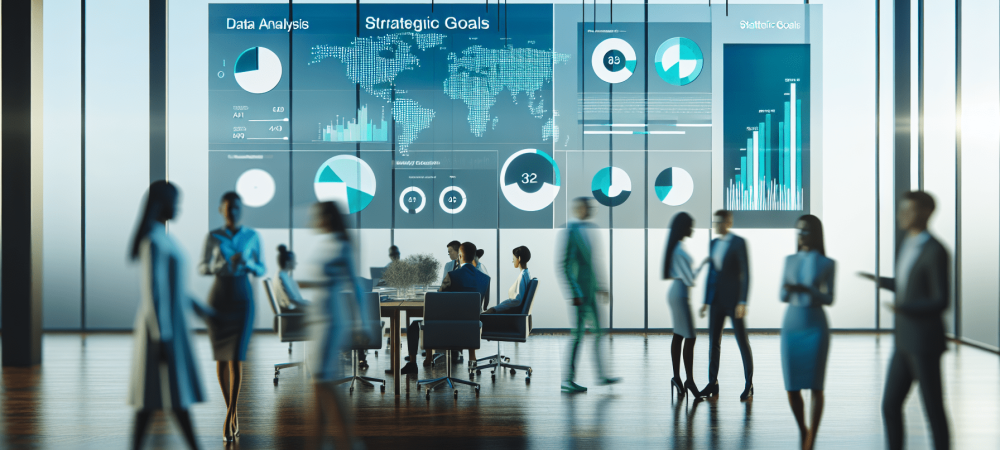 Funcionários em um escritório governamental discutindo estratégias com gráficos e mapas interativos, destacando inteligência estratégica.