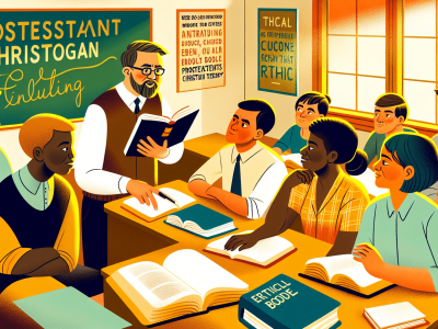 Professor orienta discussão sobre teologia cristã protestante, com livros e Bíblia sobre a mesa.