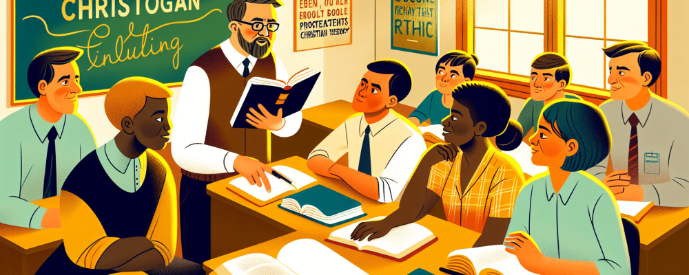 Professor orienta discussão sobre teologia cristã protestante, com livros e Bíblia sobre a mesa.