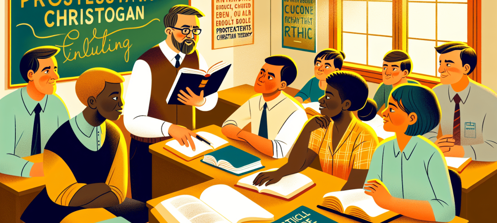 Professor orienta discussão sobre teologia cristã protestante, com livros e Bíblia sobre a mesa.