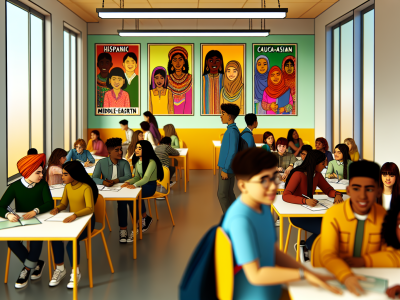 Estudantes de várias origens colaboram em sala, celebrando diversidade cultural com cartazes vibrantes ao redor.