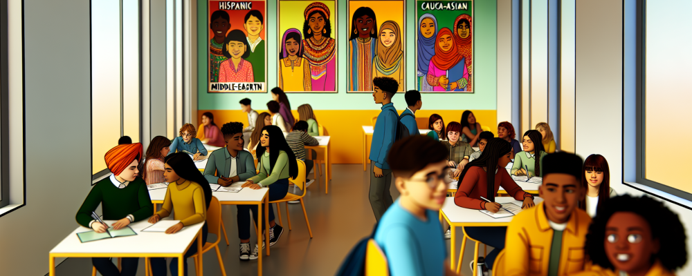 Estudantes de várias origens colaboram em sala, celebrando diversidade cultural com cartazes vibrantes ao redor.