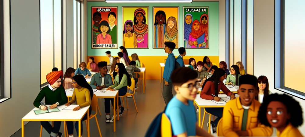 diversidade-cultural-alunos-colaboracao.webp Estudantes de várias origens colaboram em sala, celebrando diversidade cultural com cartazes vibrantes ao redor.