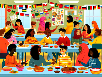 Sala de aula vibrante com alunos de diversas culturas interagindo, compartilhando pratos típicos, decorada com bandeirinhas e arte.