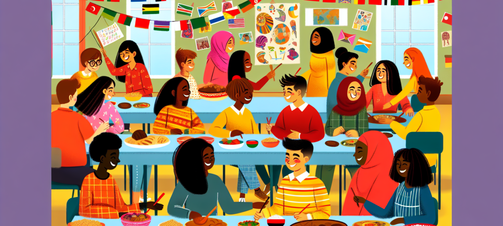 diversidade-cultural-festival-aula.webp Sala de aula vibrante com alunos de diversas culturas interagindo, compartilhando pratos típicos, decorada com bandeirinhas e arte.