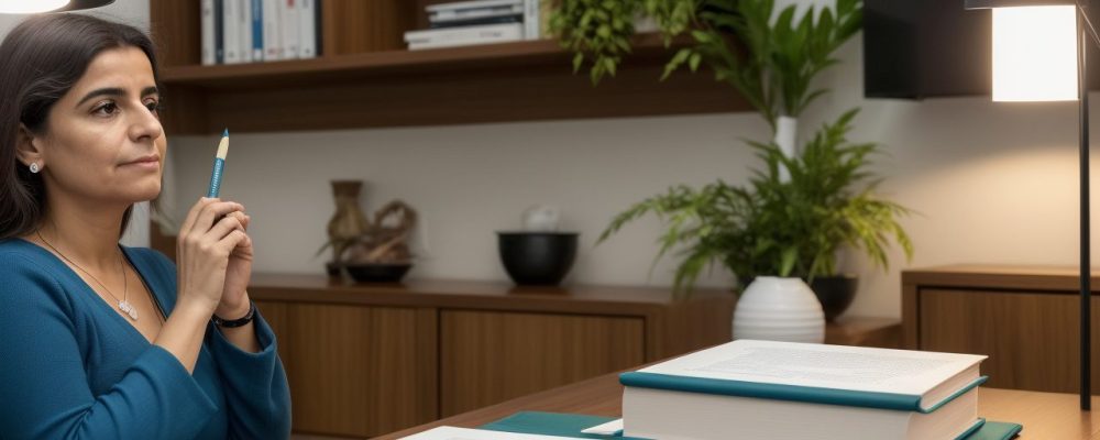 Profissional jurídico revisando documentos de aposentadoria em um escritório moderno e iluminado, simbolizando o direito previdenciário.