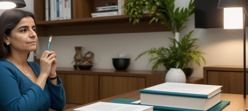 Profissional jurídico revisando documentos de aposentadoria em um escritório moderno e iluminado, simbolizando o direito previdenciário.