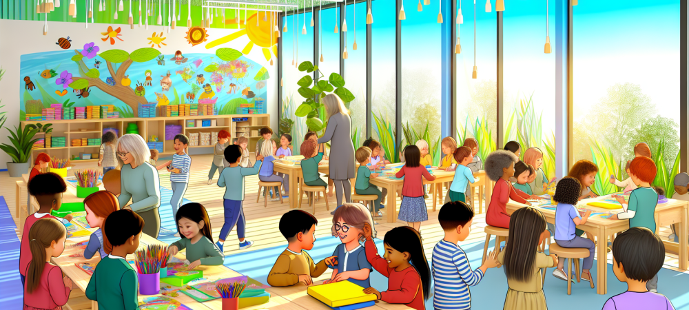 Crianças em sala de aula vibrante, com livros coloridos, jogos colaborativos e elementos de educação ambiental e inclusão.
