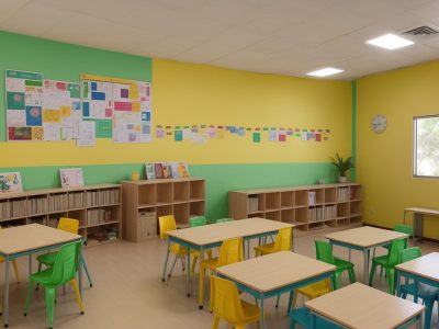 Sala de aula vibrante com alunos demonstrando criatividade e colaboração em projeto artístico usando tintas e colagem.