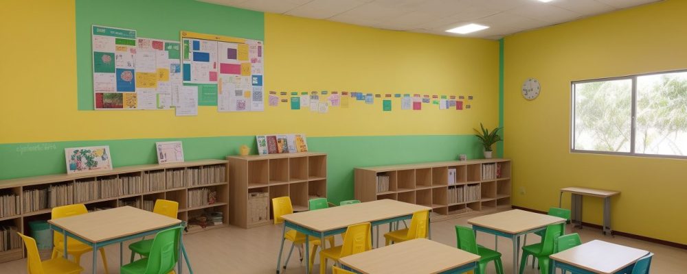 Sala de aula vibrante com alunos demonstrando criatividade e colaboração em projeto artístico usando tintas e colagem.