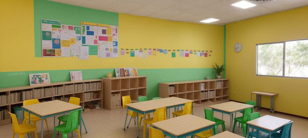Sala de aula vibrante com alunos demonstrando criatividade e colaboração em projeto artístico usando tintas e colagem.