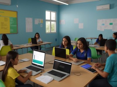 Alunos em uma sala de aula moderna e interativa utilizando dispositivos digitais dentro de um ambiente iluminado.