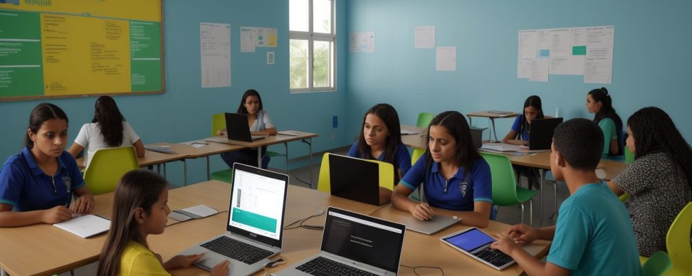 Alunos em uma sala de aula moderna e interativa utilizando dispositivos digitais dentro de um ambiente iluminado.