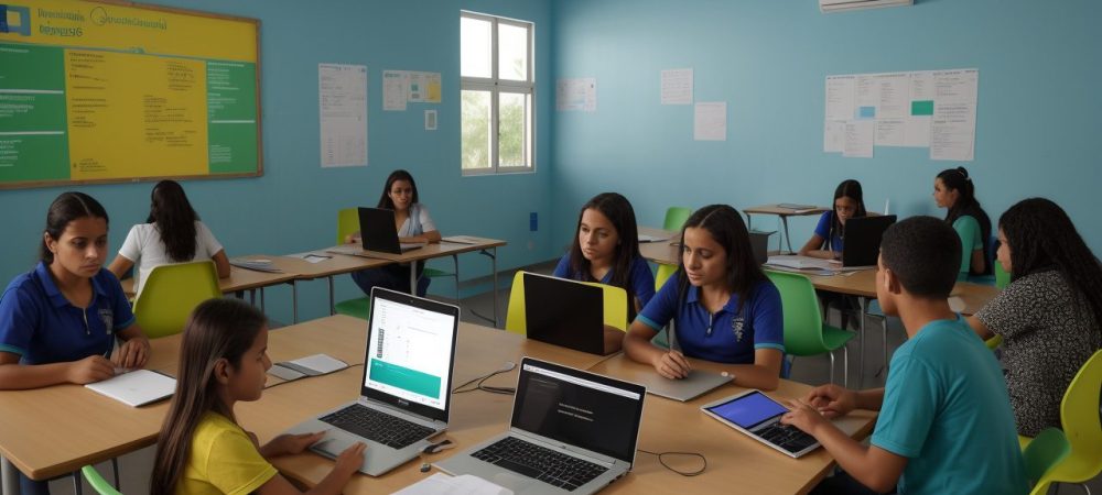Alunos em uma sala de aula moderna e interativa utilizando dispositivos digitais dentro de um ambiente iluminado.