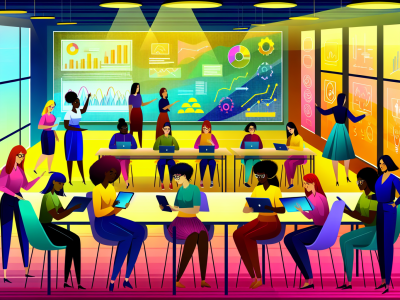 Sala de aula moderna com estudantes usando tablets e gráficos interativos, criando um ambiente dinâmico e acolhedor.