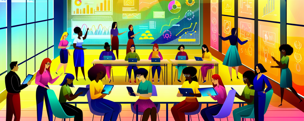 Sala de aula moderna com estudantes usando tablets e gráficos interativos, criando um ambiente dinâmico e acolhedor.