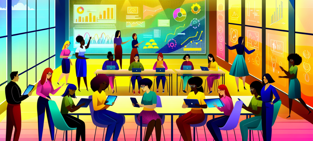 Sala de aula moderna com estudantes usando tablets e gráficos interativos, criando um ambiente dinâmico e acolhedor.