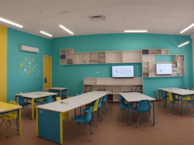 Professores e alunos interagem em sala de aula moderna com laptops e tablets, promovendo a educação digital.