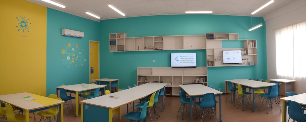 Professores e alunos interagem em sala de aula moderna com laptops e tablets, promovendo a educação digital.