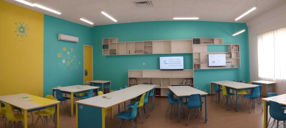 Professores e alunos interagem em sala de aula moderna com laptops e tablets, promovendo a educação digital.