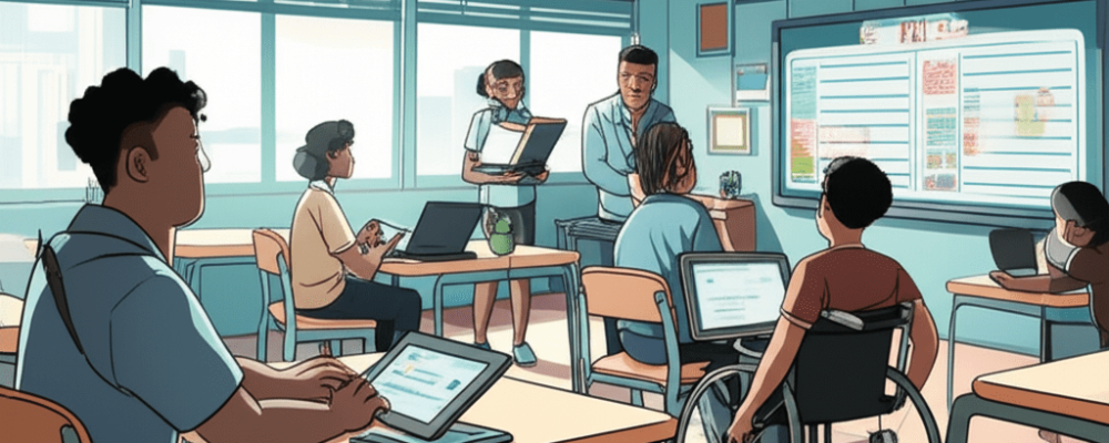 Sala de aula inclusiva com professor e alunos com necessidades especiais utilizando recursos de apoio educacional especializado