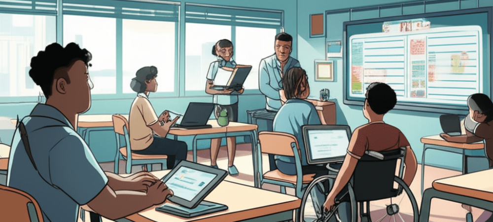 Sala de aula inclusiva com professor e alunos com necessidades especiais utilizando recursos de apoio educacional especializado