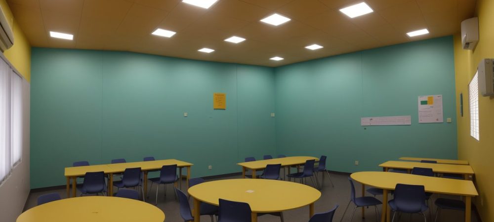Sala de aula iluminada com alunos de diferentes habilidades colaborando, cercados por materiais acessíveis e tecnologia assistiva.