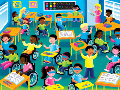 Ilustração de uma sala de aula inclusiva com crianças de habilidades diversas interagindo e utilizando materiais didáticos acessíveis.