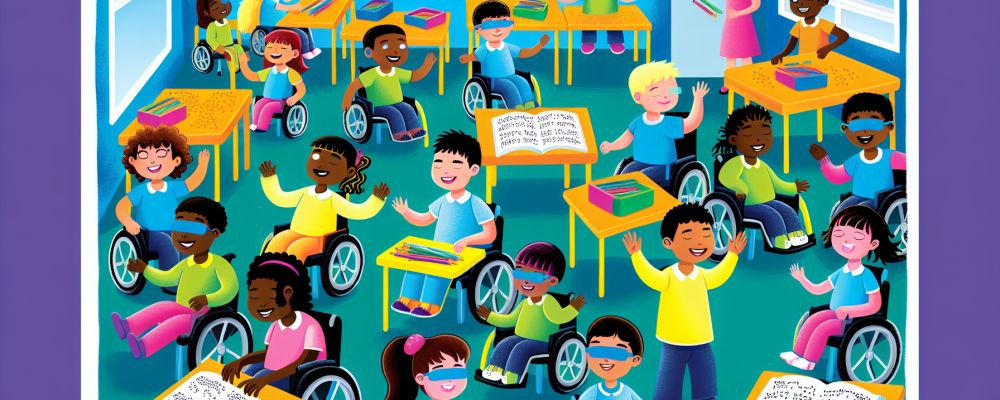 Ilustração de uma sala de aula inclusiva com crianças de habilidades diversas interagindo e utilizando materiais didáticos acessíveis.