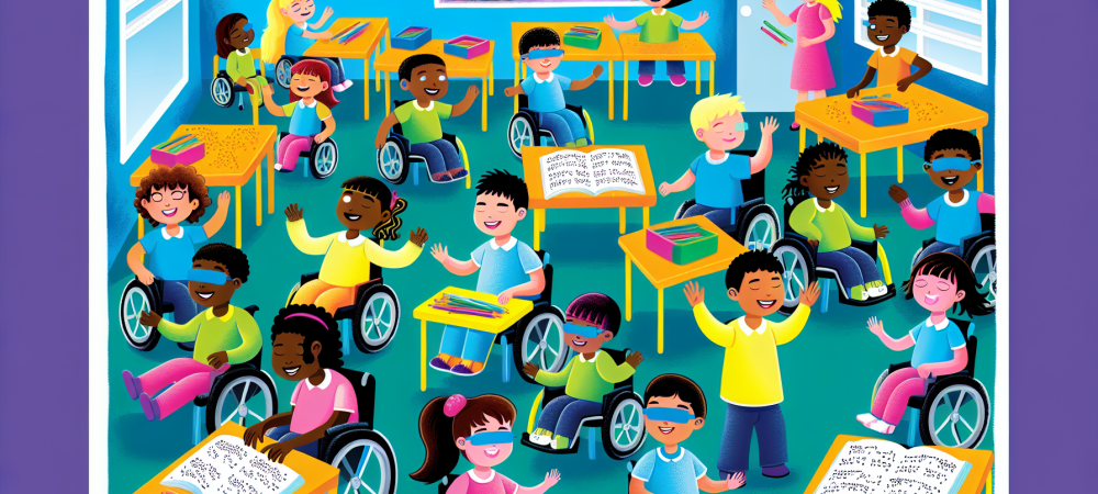 Ilustração de uma sala de aula inclusiva com crianças de habilidades diversas interagindo e utilizando materiais didáticos acessíveis.