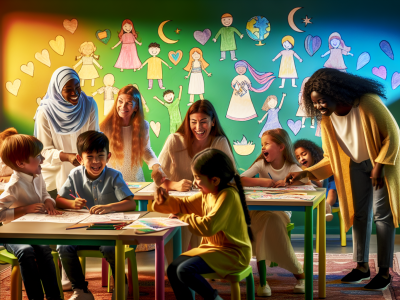 Crianças diversas em aula inclusiva, interagindo alegremente com atividades educativas e decoração artística.