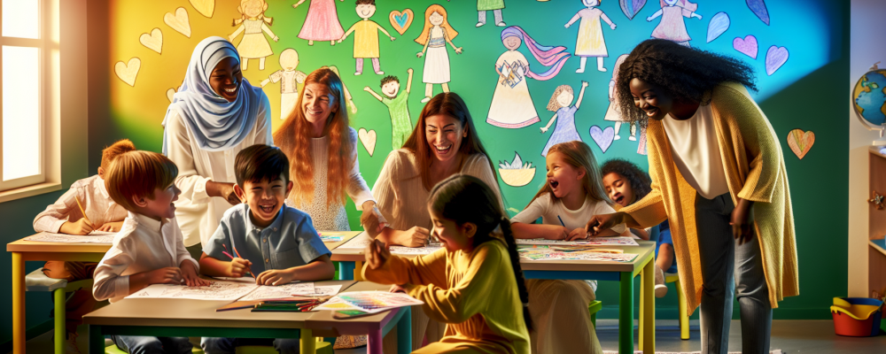 Crianças diversas em aula inclusiva, interagindo alegremente com atividades educativas e decoração artística.