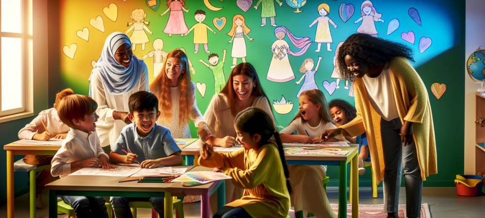 Crianças diversas em aula inclusiva, interagindo alegremente com atividades educativas e decoração artística.