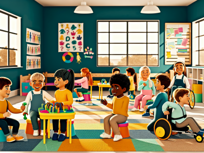 Crianças de diversas habilidades em sala de aula inclusiva, usando jogos educativos e brinquedos adaptados, promovendo empatia e diversidade.