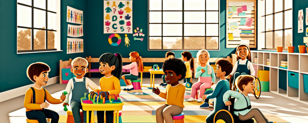 Crianças de diversas habilidades em sala de aula inclusiva, usando jogos educativos e brinquedos adaptados, promovendo empatia e diversidade.