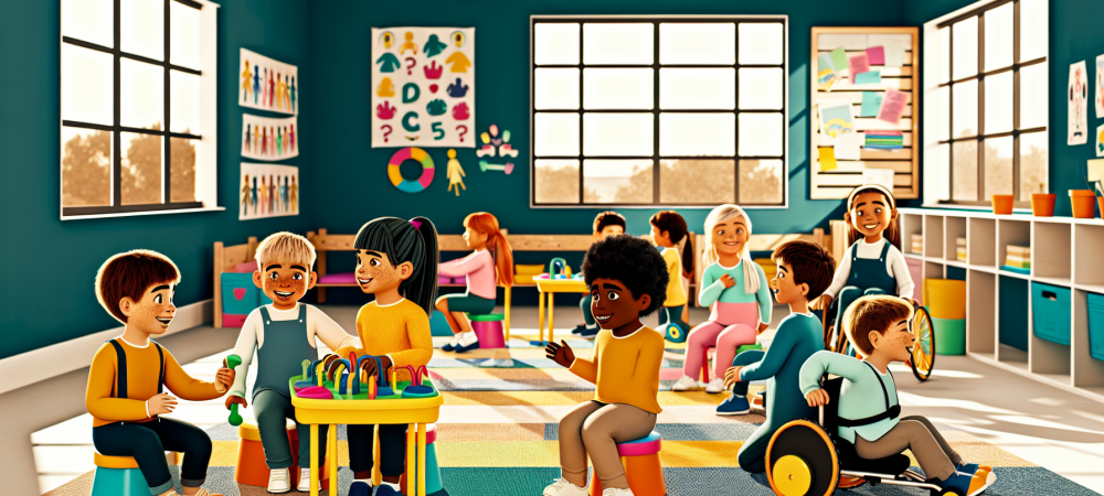 Crianças de diversas habilidades em sala de aula inclusiva, usando jogos educativos e brinquedos adaptados, promovendo empatia e diversidade.
