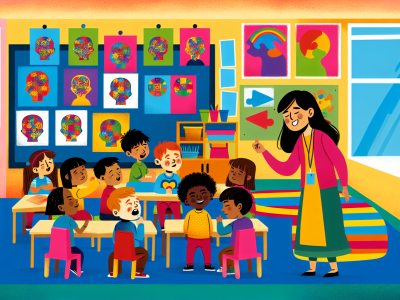 Sala de aula inclusiva com professora e crianças, algumas com autismo, usando recursos visuais coloridos.