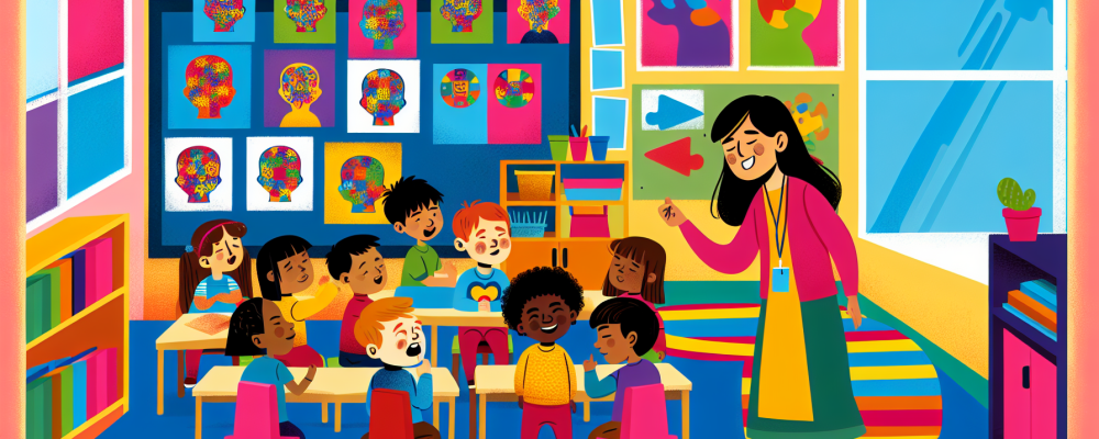 Sala de aula inclusiva com professora e crianças, algumas com autismo, usando recursos visuais coloridos.