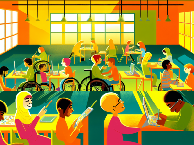 Sala de aula inclusiva com estudantes usando tecnologia assistiva, colaborando em grupo.