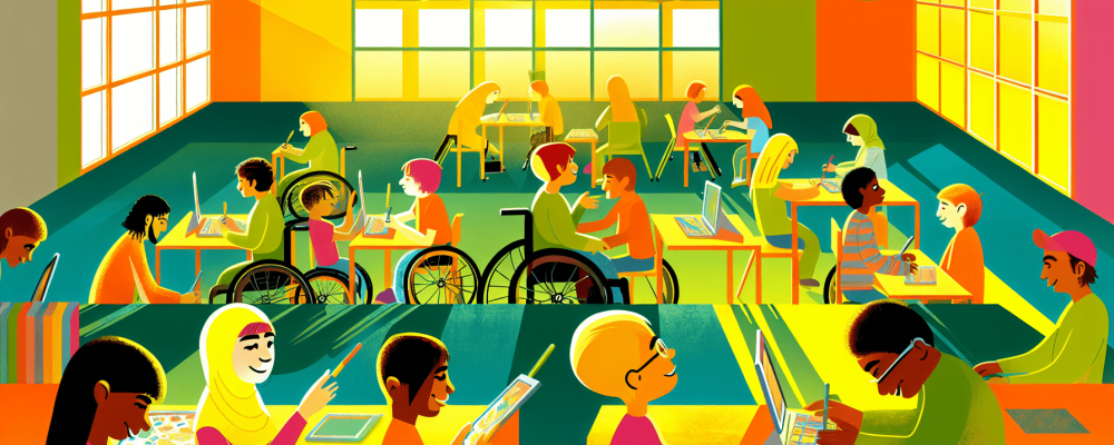 Sala de aula inclusiva com estudantes usando tecnologia assistiva, colaborando em grupo.