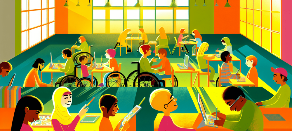 educacao-inclusiva-tecnologia-assistiva.webp Sala de aula inclusiva com estudantes usando tecnologia assistiva, colaborando em grupo.