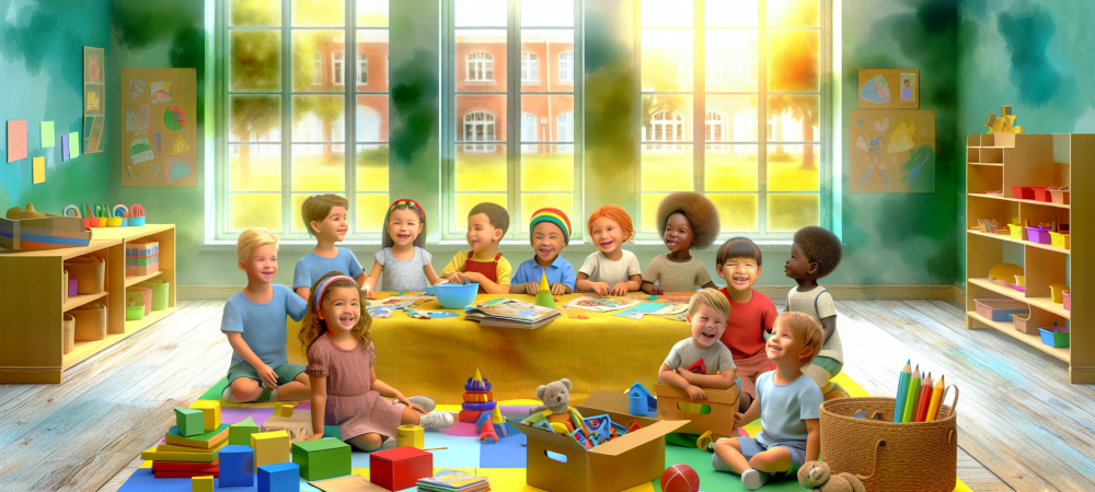 Crianças em sala de aula vibrante praticando educação infantil baseada em sustentabilidade e jogos educativos.