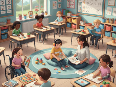 Imagem ilustrativa sobre educação inclusiva, mostrando alunos diversos em uma sala de aula colaborativa.