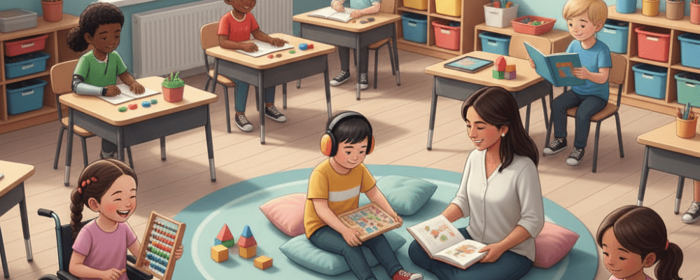 Imagem ilustrativa sobre educação inclusiva, mostrando alunos diversos em uma sala de aula colaborativa.