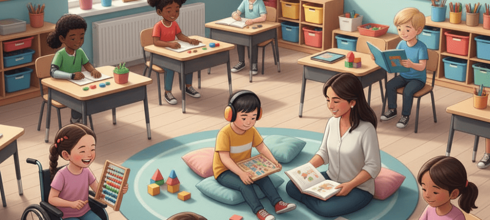 Imagem ilustrativa sobre educação inclusiva, mostrando alunos diversos em uma sala de aula colaborativa.