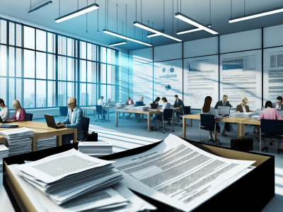 Escritório moderno com servidores públicos gerindo contratos administrativos, enfatizando eficiência e transparência na gestão.