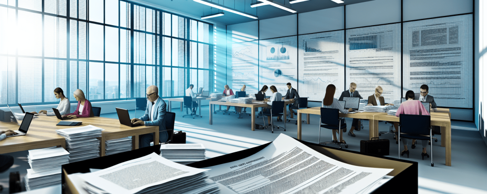 Escritório moderno com servidores públicos gerindo contratos administrativos, enfatizando eficiência e transparência na gestão.