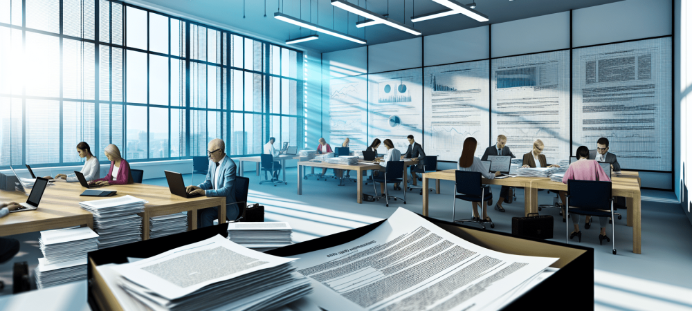 Escritório moderno com servidores públicos gerindo contratos administrativos, enfatizando eficiência e transparência na gestão.